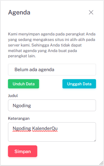 Klik pada salah satu tanggal, kemudian isikan agenda