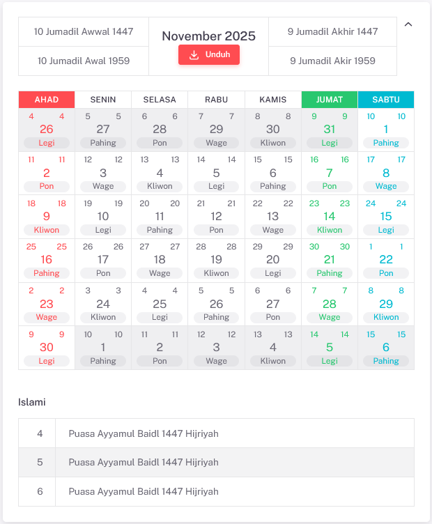 Tampilan kalender Islami